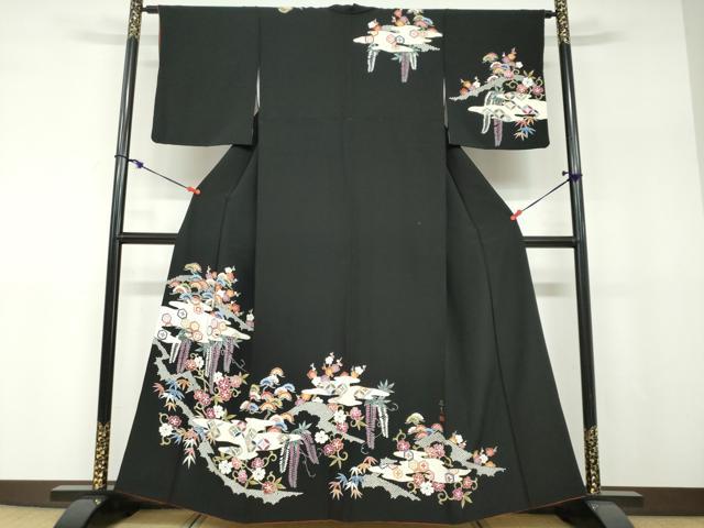 平和屋着物●訪問着 作家物 雲取り吉祥草花文 黒地 金彩 正絹 逸品 DABF1190ud