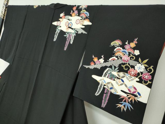 平和屋着物●訪問着 作家物 雲取り吉祥草花文 黒地 金彩 正絹 逸品 DABF1190ud