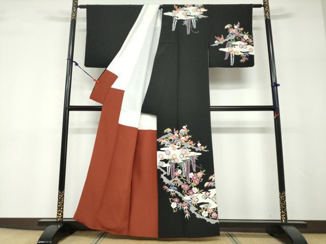 平和屋着物●訪問着 作家物 雲取り吉祥草花文 黒地 金彩 正絹 逸品 DABF1190ud