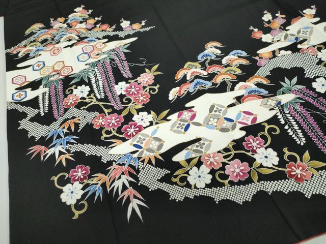 平和屋着物●訪問着 作家物 雲取り吉祥草花文 黒地 金彩 正絹 逸品 DABF1190ud