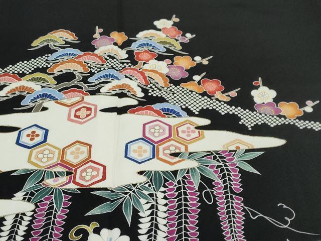 平和屋着物●訪問着 作家物 雲取り吉祥草花文 黒地 金彩 正絹 逸品 DABF1190ud