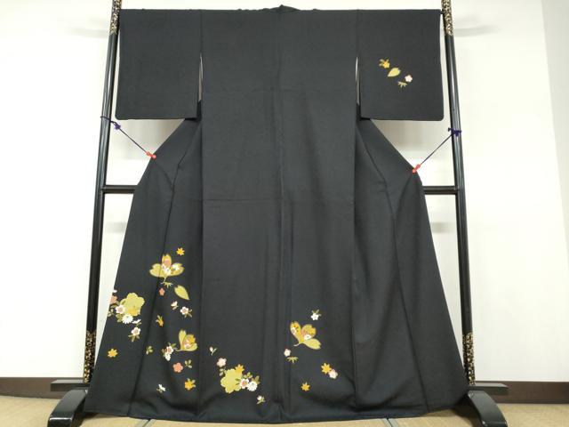 平和屋着物●訪問着 草花文 黒地 正絹 逸品 DABF1224ud