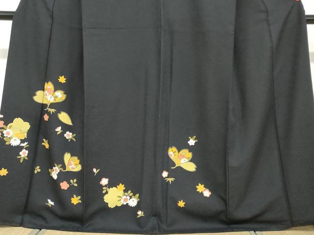 平和屋着物●訪問着 草花文 黒地 正絹 逸品 DABF1224ud