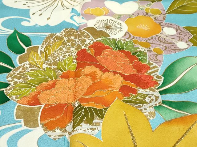 平和屋着物●豪華振袖 駒刺繍 流水草花籬文 正絹 逸品 DABF1226ud