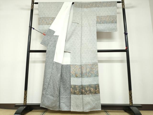 平和屋着物●訪問着 総絞り 刺繍 横段草花文 金彩 正絹 逸品 DABF1232ud
