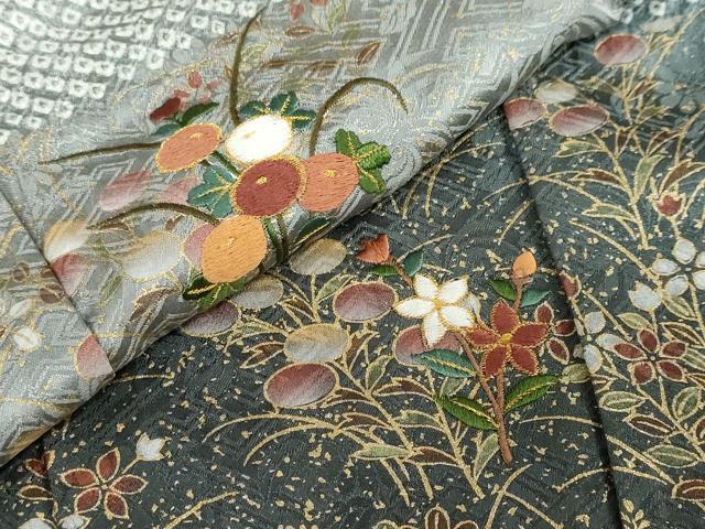 平和屋着物●訪問着 総絞り 刺繍 横段草花文 金彩 正絹 逸品 DABF1232ud