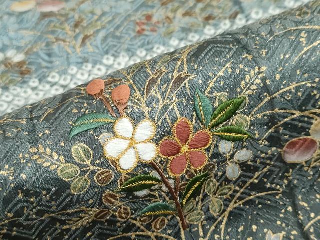 平和屋着物●訪問着 総絞り 刺繍 横段草花文 金彩 正絹 逸品 DABF1232ud