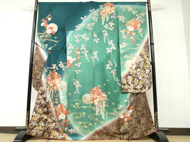平和屋着物●豪華振袖 雪輪花蝶文 暈し染め 金彩 正絹 逸品 DABF1239ud