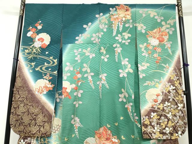 平和屋着物●豪華振袖 雪輪花蝶文 暈し染め 金彩 正絹 逸品 DABF1239ud