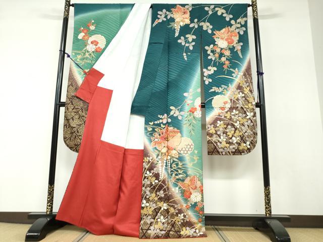 平和屋着物●豪華振袖 雪輪花蝶文 暈し染め 金彩 正絹 逸品 DABF1239ud