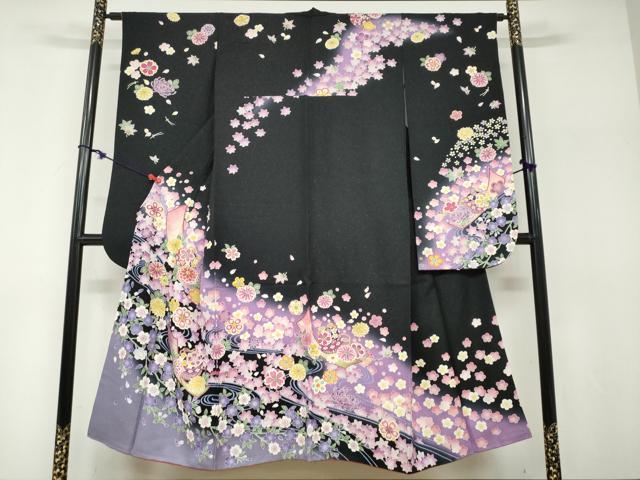 平和屋着物●豪華振袖 手毬草花文 黒地 金彩 銀通し地 正絹 逸品 DABF1240ud