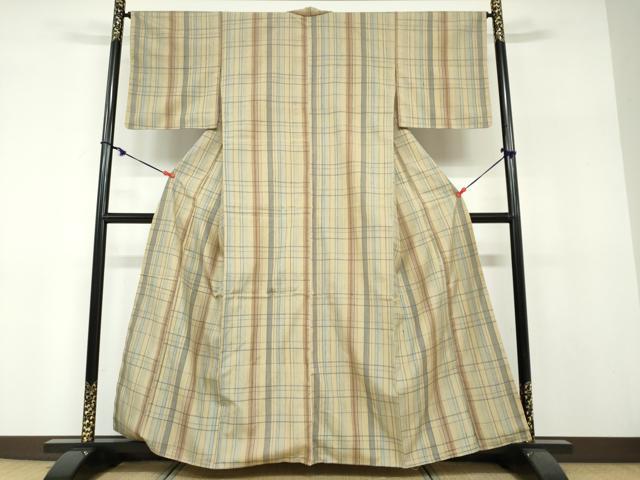 平和屋着物●上質な紬 変わり格子文 正絹 逸品 未使用 DABF1242ud