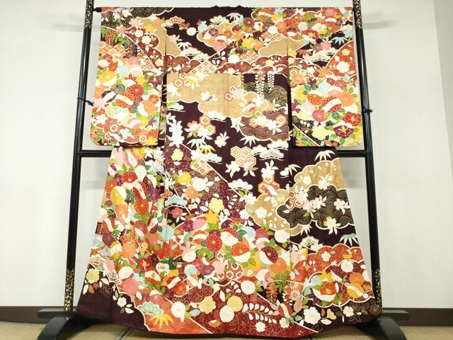 平和屋着物●小振袖 二尺袖 背抜き仕立て 駒刺繍 吉祥草花文 金彩 正絹 逸品 DABF1255ud