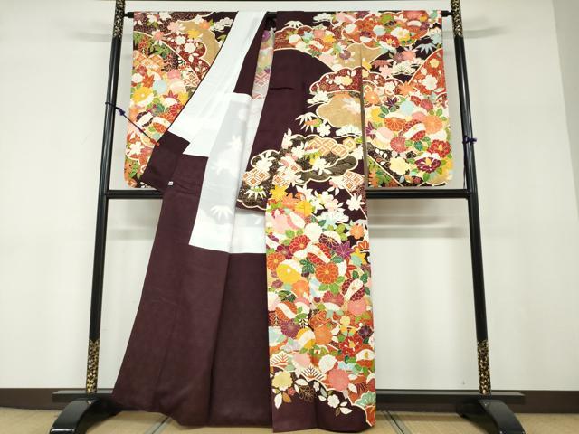 平和屋着物●小振袖 二尺袖 背抜き仕立て 駒刺繍 吉祥草花文 金彩 正絹 逸品 DABF1255ud