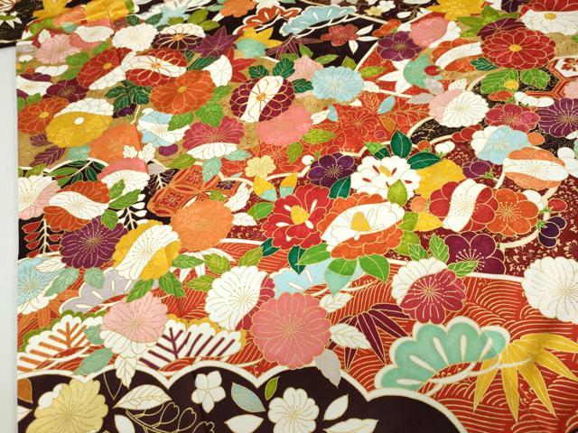 平和屋着物●小振袖 二尺袖 背抜き仕立て 駒刺繍 吉祥草花文 金彩 正絹 逸品 DABF1255ud