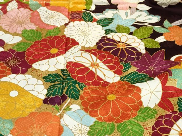 平和屋着物●小振袖 二尺袖 背抜き仕立て 駒刺繍 吉祥草花文 金彩 正絹 逸品 DABF1255ud