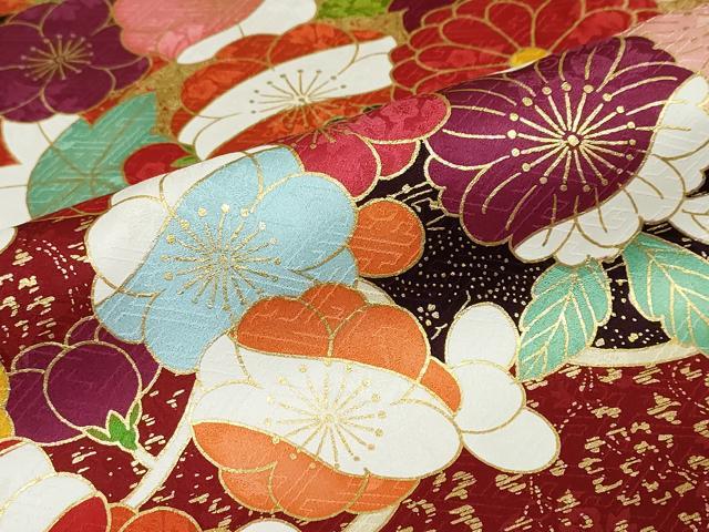 平和屋着物●小振袖 二尺袖 背抜き仕立て 駒刺繍 吉祥草花文 金彩 正絹 逸品 DABF1255ud