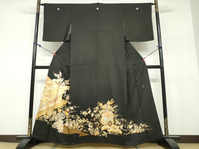 平和屋着物●金彩友禅 卓越技能者・名工・和田光正 黒留袖 平安御所車草花文 金銀彩 正絹 逸品 DABF1258ud