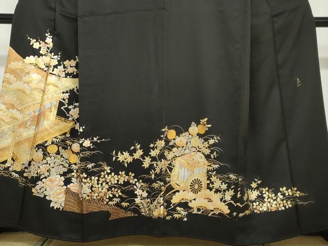 平和屋着物●金彩友禅 卓越技能者・名工・和田光正 黒留袖 平安御所車草花文 金銀彩 正絹 逸品 DABF1258ud