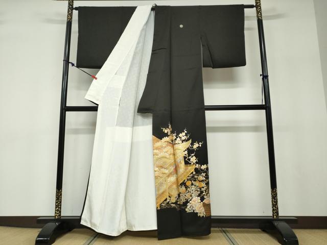 平和屋着物●金彩友禅 卓越技能者・名工・和田光正 黒留袖 平安御所車草花文 金銀彩 正絹 逸品 DABF1258ud