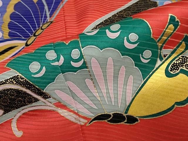 平和屋着物●本手描友禅作家 秋山章 振袖 駒刺繍 舞蝶文 金彩 正絹 逸品 DABF1263ud