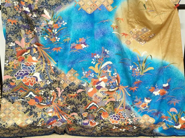 平和屋着物●豪華振袖 鳳凰草花文 暈し染め 金彩 正絹 逸品 DABF1264ud