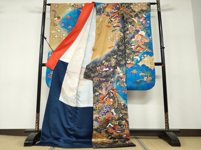 平和屋着物●豪華振袖 鳳凰草花文 暈し染め 金彩 正絹 逸品 DABF1264ud