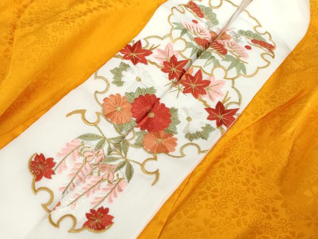 平和屋着物●振袖用長襦袢 袷 舞桜地紋 金茶色 半衿刺繍 正絹 逸品 DABF1277ud
