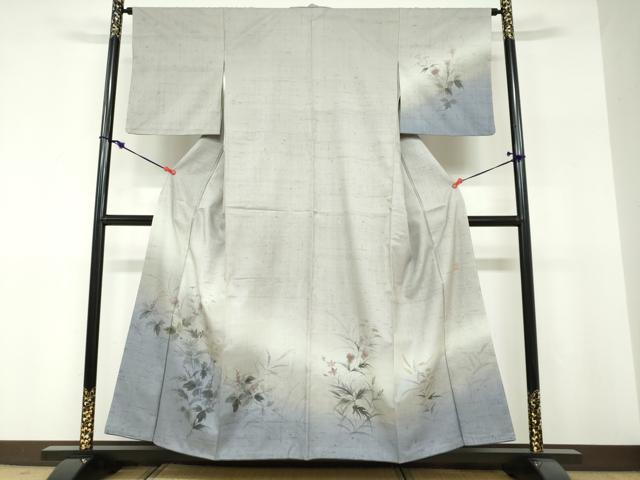 平和屋着物●訪問着 作家物 紬地 手描き 草花文 正絹 逸品 DABF1294ud