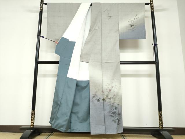 平和屋着物●訪問着 作家物 紬地 手描き 草花文 正絹 逸品 DABF1294ud