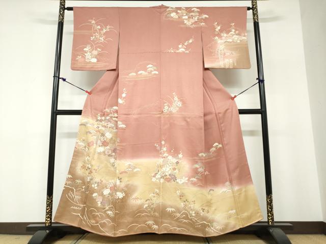 平和屋着物●訪問着 流水草花文 暈し染め 金彩 正絹 逸品 DABF1295ud