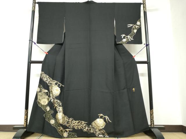 平和屋着物●染織作家 染織デザイナー 大島明 訪問着 道長草花文 黒地 金銀彩 さが美扱い 正絹 逸品 DABF1323ud