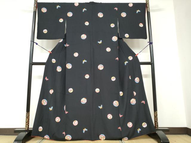 平和屋着物●上質な小紋 手毬花蝶文 黒地 正絹 逸品 DABF1327ud