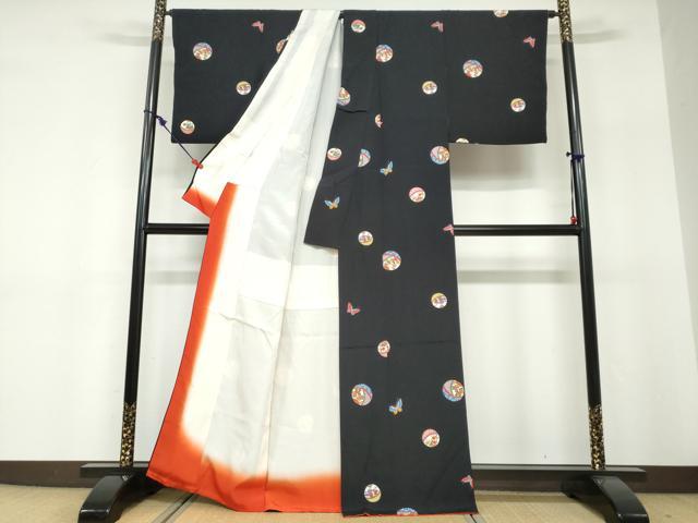 平和屋着物●上質な小紋 手毬花蝶文 黒地 正絹 逸品 DABF1327ud