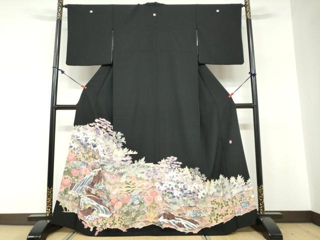 平和屋着物●本加賀友禅作家 浅野冨治男 黒留袖 流水草花文 正絹 逸品 DABF1332ud