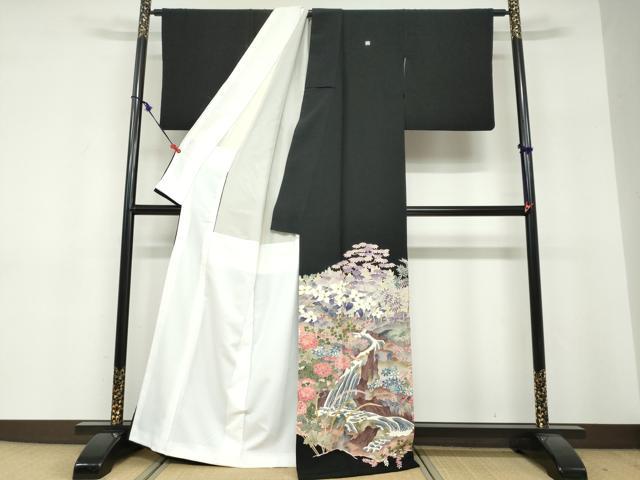 平和屋着物●本加賀友禅作家 浅野冨治男 黒留袖 流水草花文 正絹 逸品 DABF1332ud
