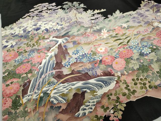 平和屋着物●本加賀友禅作家 浅野冨治男 黒留袖 流水草花文 正絹 逸品 DABF1332ud