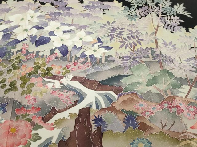 平和屋着物●本加賀友禅作家 浅野冨治男 黒留袖 流水草花文 正絹 逸品 DABF1332ud
