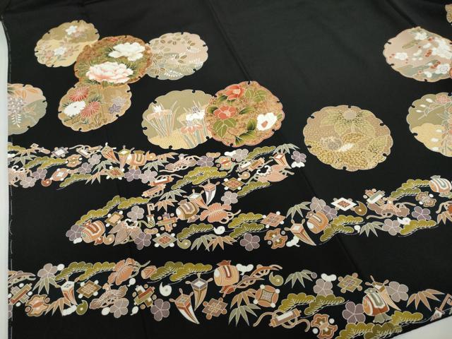 平和屋着物●豪華黒留袖 駒刺繍 宝尽くし雪輪草花文 金彩 正絹 逸品 未使用 DABF1335ud