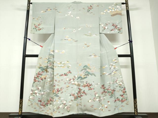 平和屋着物●訪問着 駒刺繍 御所車草花文 金彩 正絹 逸品 DABF1352ud