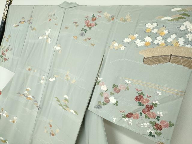 平和屋着物●訪問着 駒刺繍 御所車草花文 金彩 正絹 逸品 DABF1352ud
