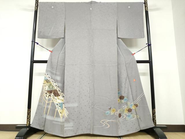 平和屋着物●ファッションデザイナー 花井幸子 色留袖 刺繍 流水渡橋草花文 金彩 正絹 逸品 DABF1353ud