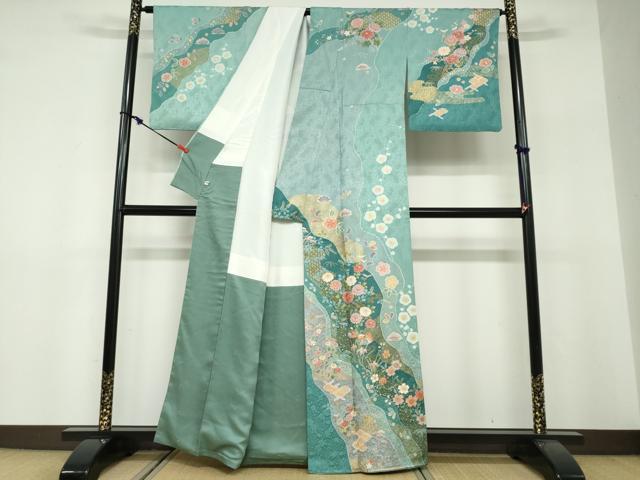 平和屋着物●訪問着 流水鴛鴦草花文 金彩 正絹 逸品 DABF1364ud