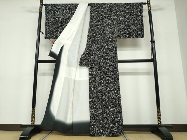 平和屋着物●上質な小紋 刷毛引染 墨彩洒落小紋 つくし 黒地 反端付き 正絹 逸品 DABF1365ud