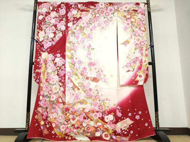 平和屋着物●豪華振袖 駒刺繍 熨斗草花文 暈し染め 金彩 京都きもの友禅扱い 正絹 逸品 DABF1369ud