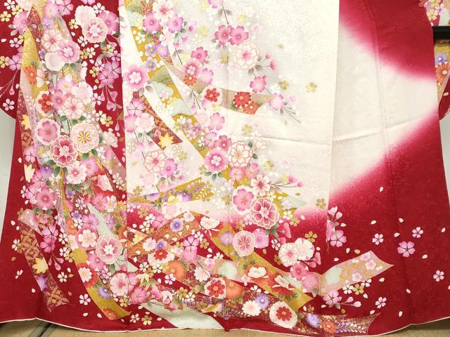 平和屋着物●豪華振袖 駒刺繍 熨斗草花文 暈し染め 金彩 京都きもの友禅扱い 正絹 逸品 DABF1369ud