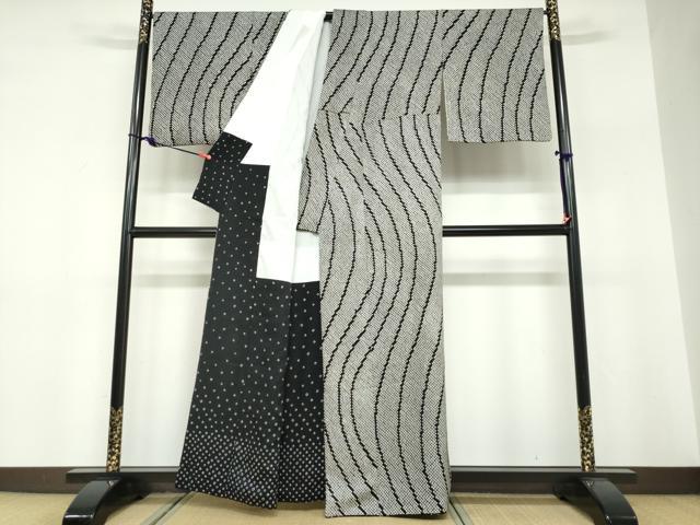 平和屋着物●上質な小紋 総絞り 変わり縞 黒地 正絹 逸品 DABF1391ud