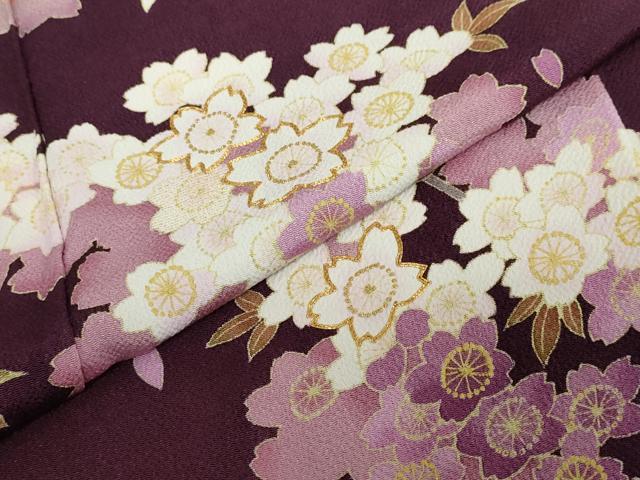 平和屋着物●西陣 京の名門 じゅらく謹製 帝王紫 小振袖 二尺袖 駒刺繍 枝桜文 鬼しぼ縮緬 正絹 逸品 DABF1398ud