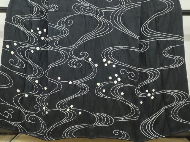 平和屋着物●訪問着 駒刺繍 絞り 流水文 黒地 正絹 逸品 DABF1411ud