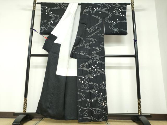 平和屋着物●訪問着 駒刺繍 絞り 流水文 黒地 正絹 逸品 DABF1411ud